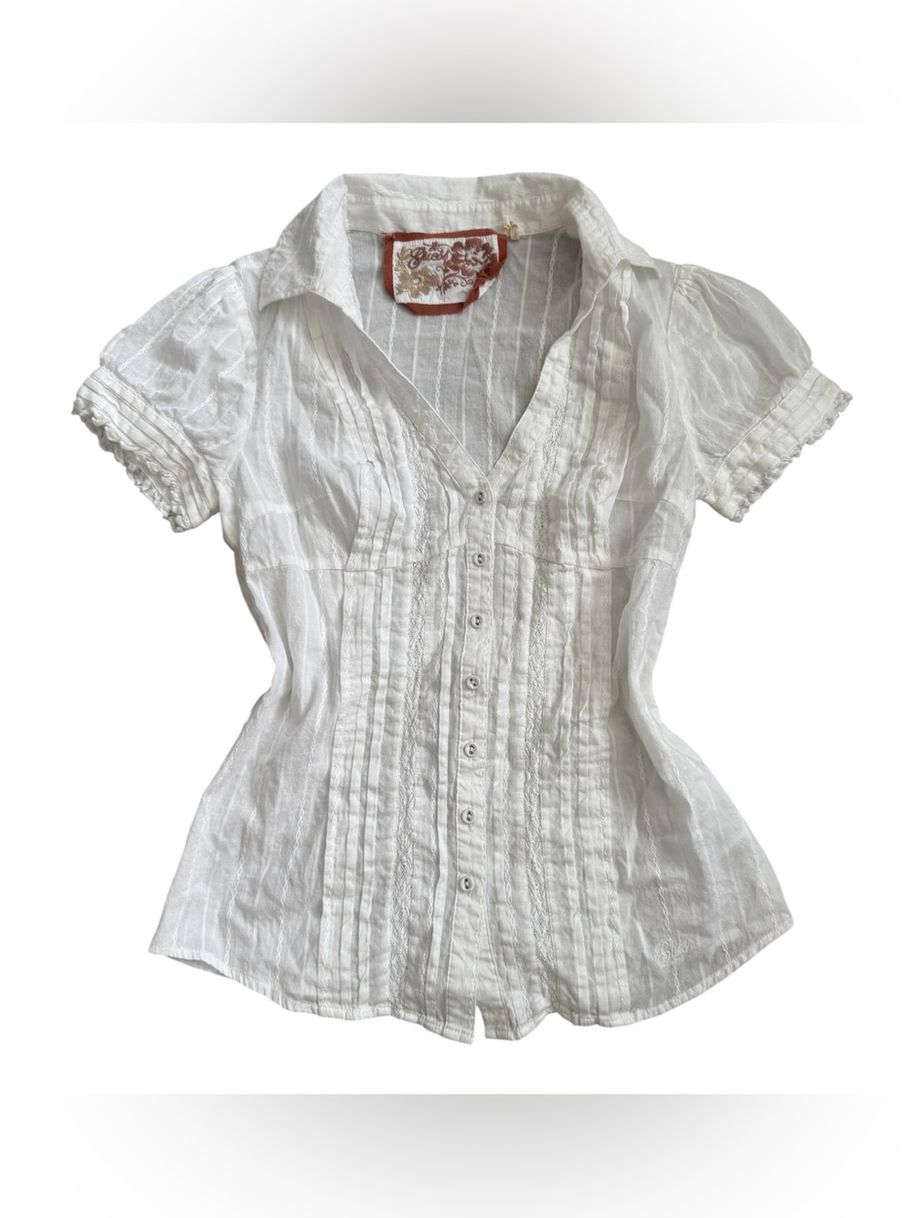 y2k vintage guess white embroidered puff sleeve button up top size M